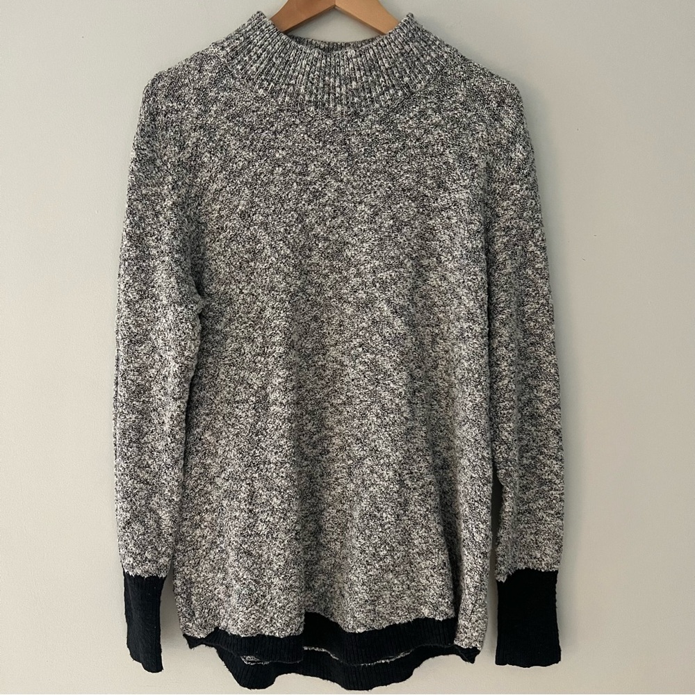 L.L. Bean Signature Cotton Linen Blend Marled Sweater Gray Black Mock Neck Large